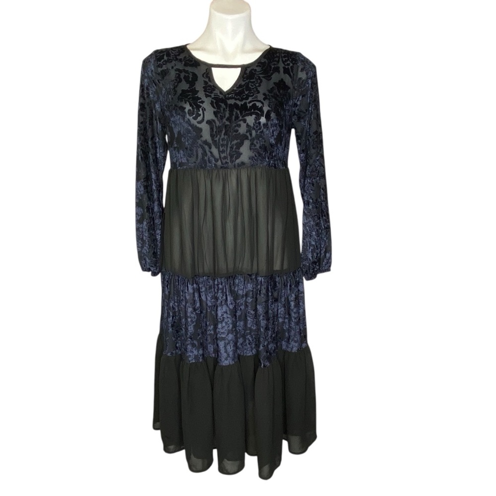KNOX ROSE Boho Tiered Burnout Velvet Chiffon Long Sleeve Midi Dress Black Small